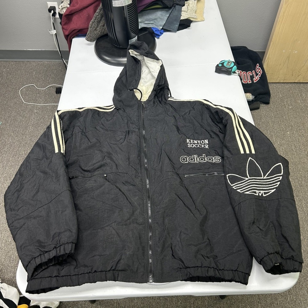 Adidas Jacket Mens Large Black Kenyon Soccer Vintage Trefoil Hooded Quilted D3